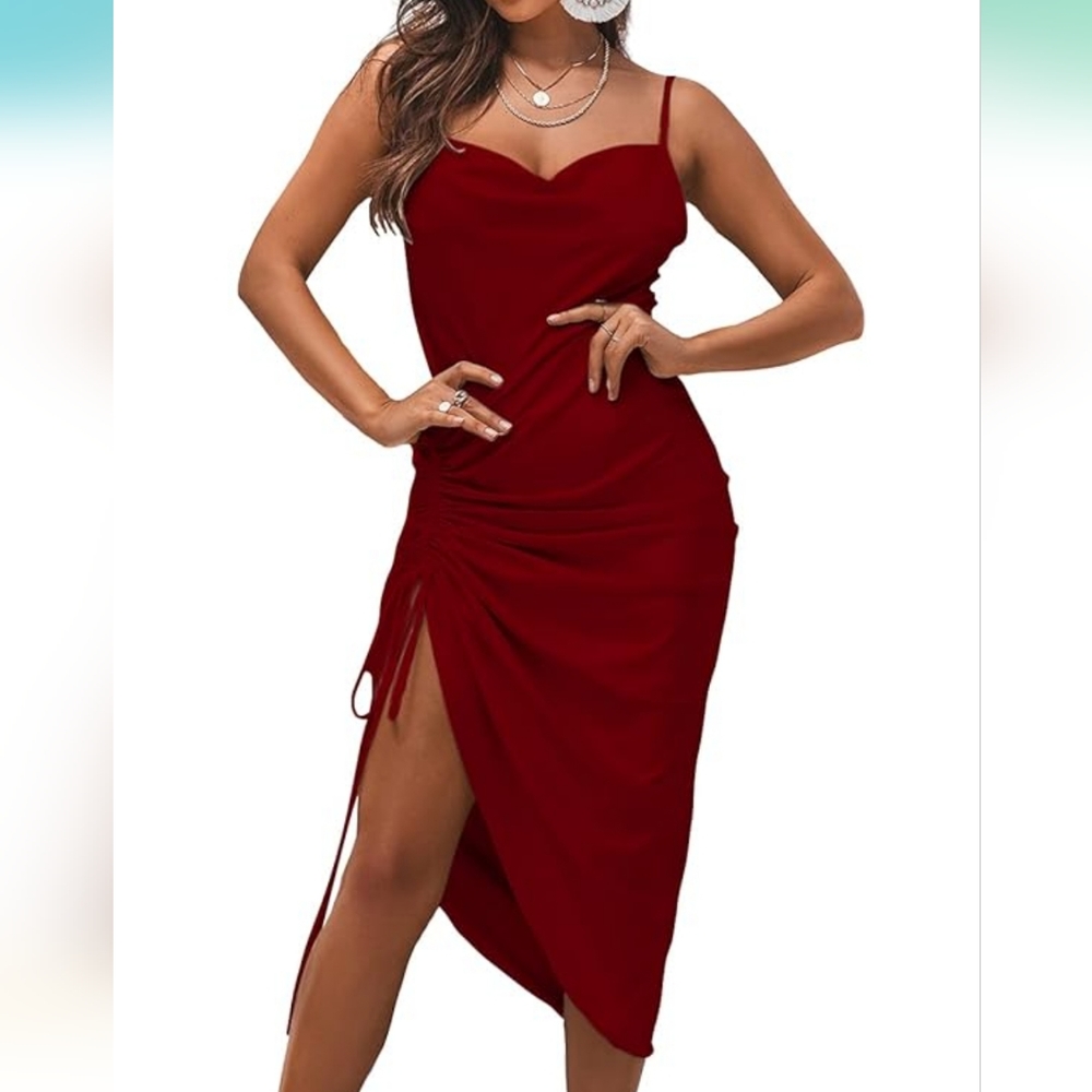 LYANER Women's Satin Spaghetti Straps Cowl Neck Sexy Ruch Cocktail Midi Dresses